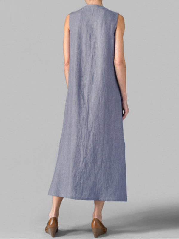 V-Neck Half Button Sleeveless Side Slit Linen Maxi Dress 5