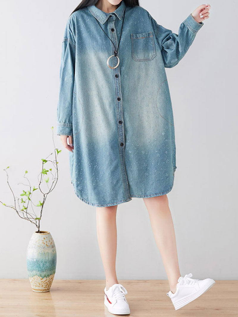 Collared Star Print Long Sleeve Washed Denim Shirt Dress 5