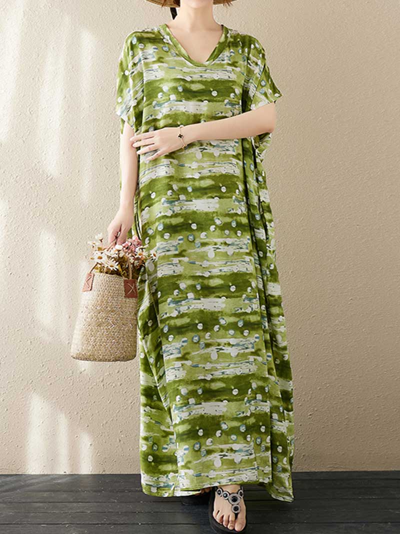 V-Neck Tie-Dye Print Batwing Sleeve Loose Kaftan Maxi Dress