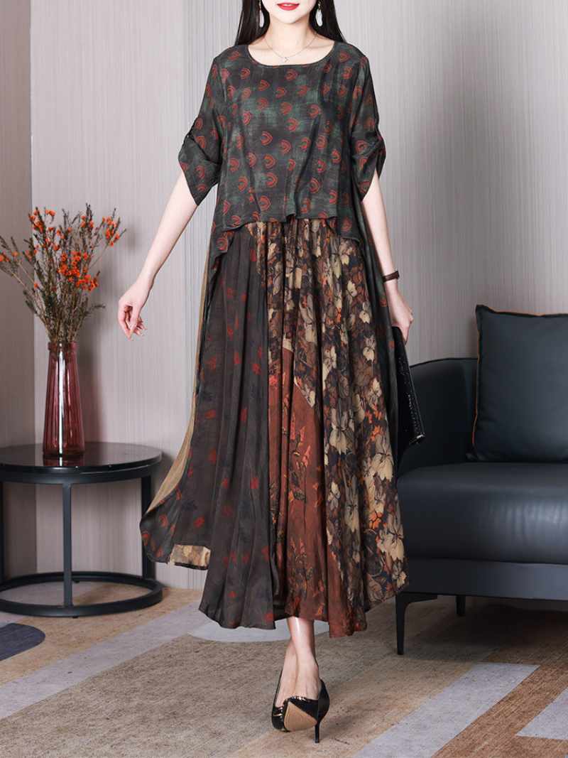 Coffee Round Neck Short Sleeve Floral Patchwork A-Line Midi Dress