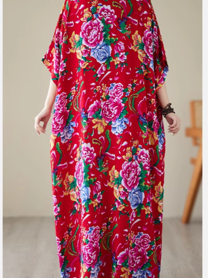 V-Neck Floral Print Batwing Sleeve Loose Kaftan Maxi Dress 4