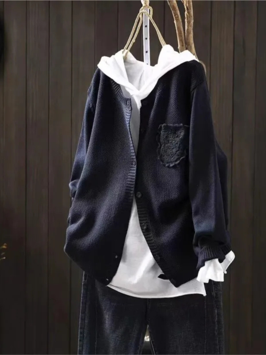 V-Neck Knit Button Front Patch Pocket Long Sleeve Cardigan 7