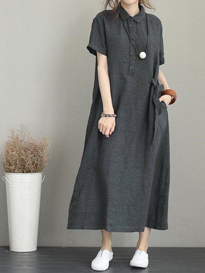 Collared Button Placket Short Sleeve Linen Shirt Maxi Dress 6