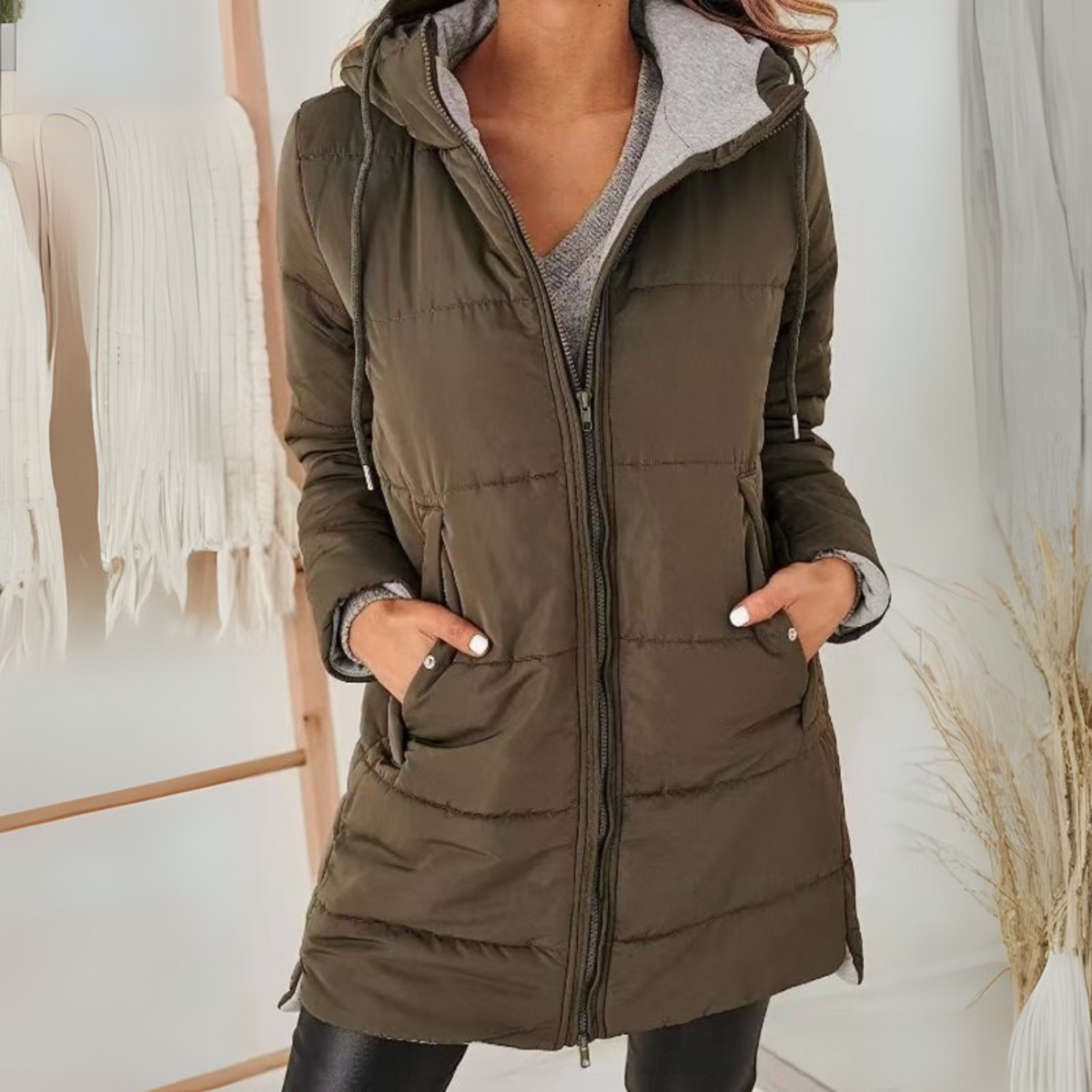 Hooded Drawstring Quilted Zip-Up Longline Puffer Coat
