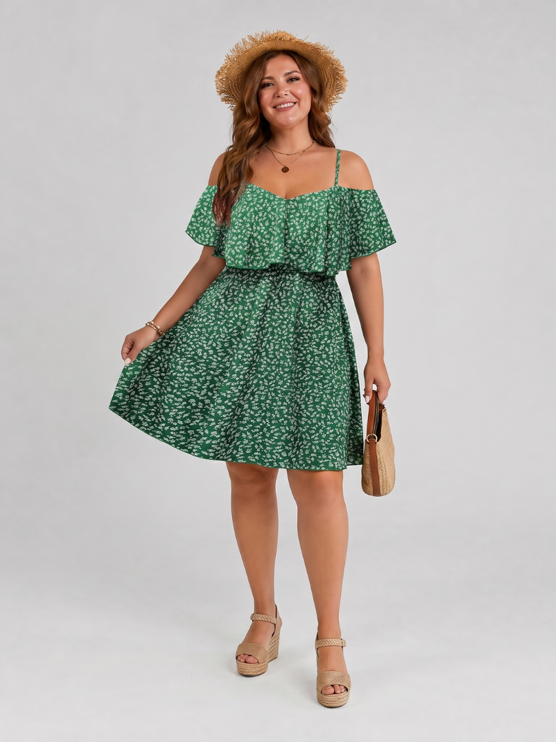Floral Cold Shoulder Ruffle Overlay Ditsy Floral A-Line Mini Dress 6
