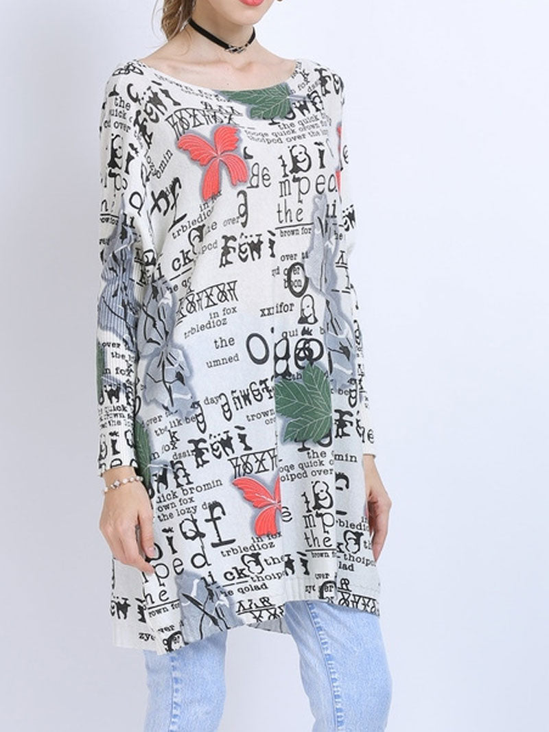 Boat Neck Butterfly Letter Print Long Sleeve Knit Tunic Top 3
