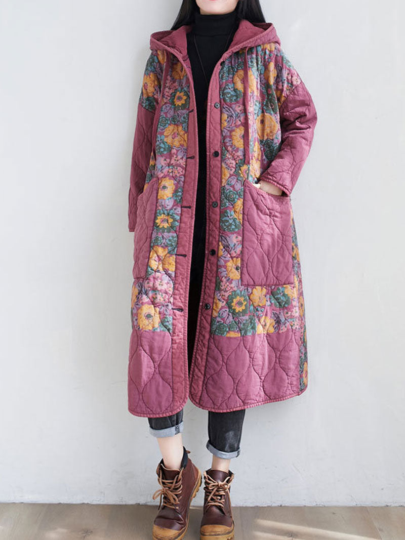 Hooded Floral Patchwork Quilted Longline Coat 11