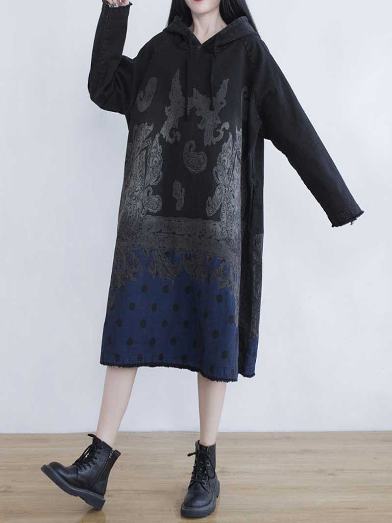 Hooded Long Sleeve Paisley Polka Dot Print Loose Denim Midi Dress 8