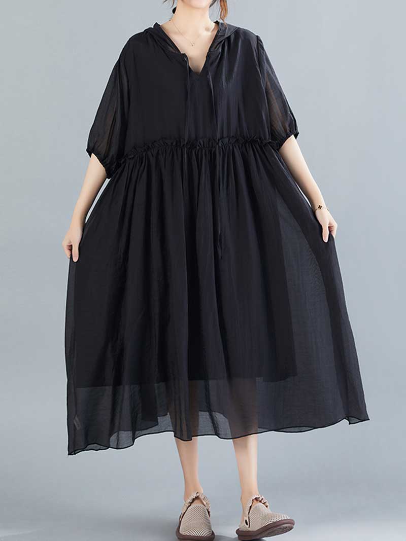 Hooded V-Neck Short Sleeve Pleated Loose A-Line Midi Dress 3
