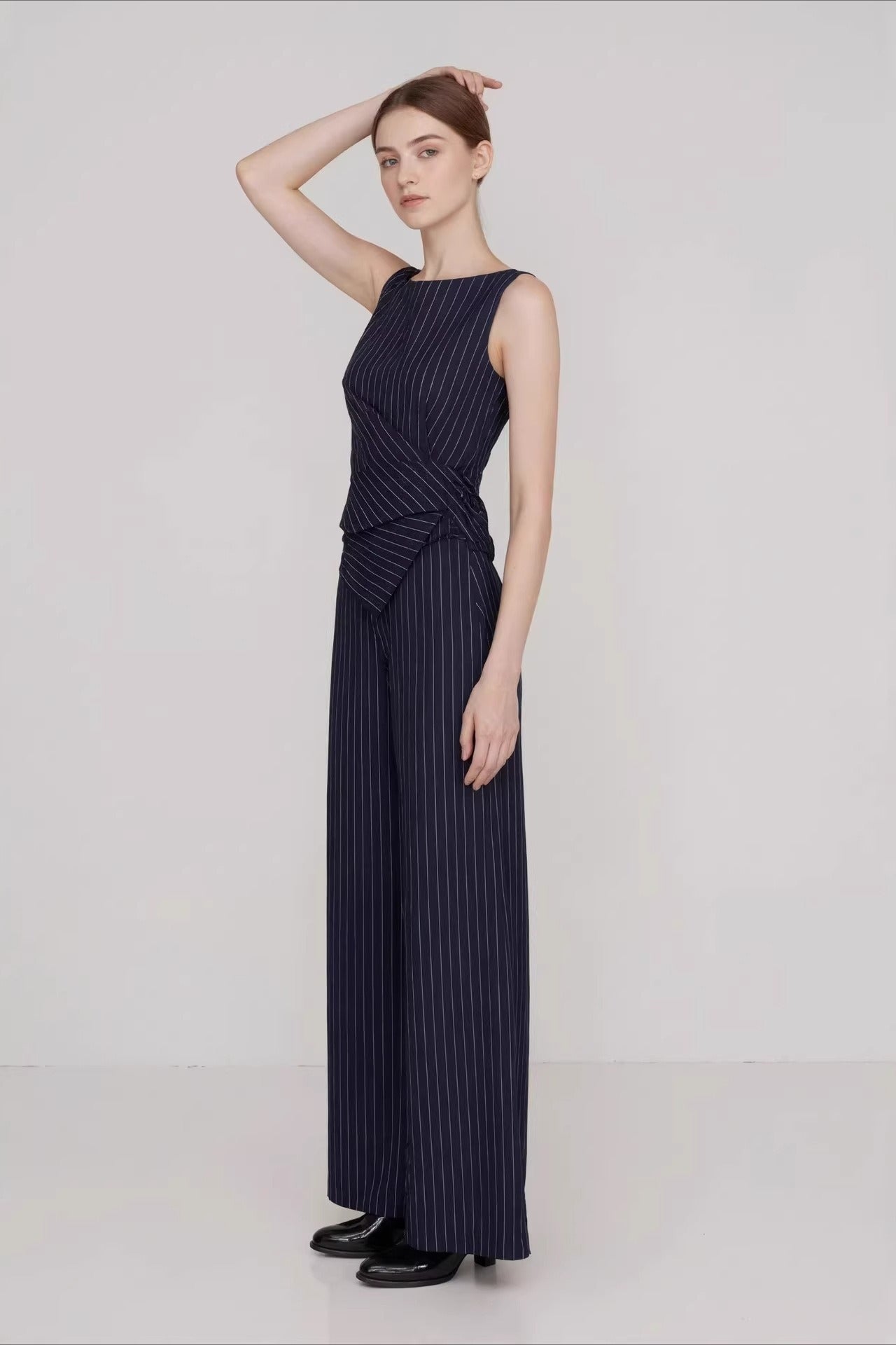 Stripe Asymmetric Sleeveless Top Straight Work Set