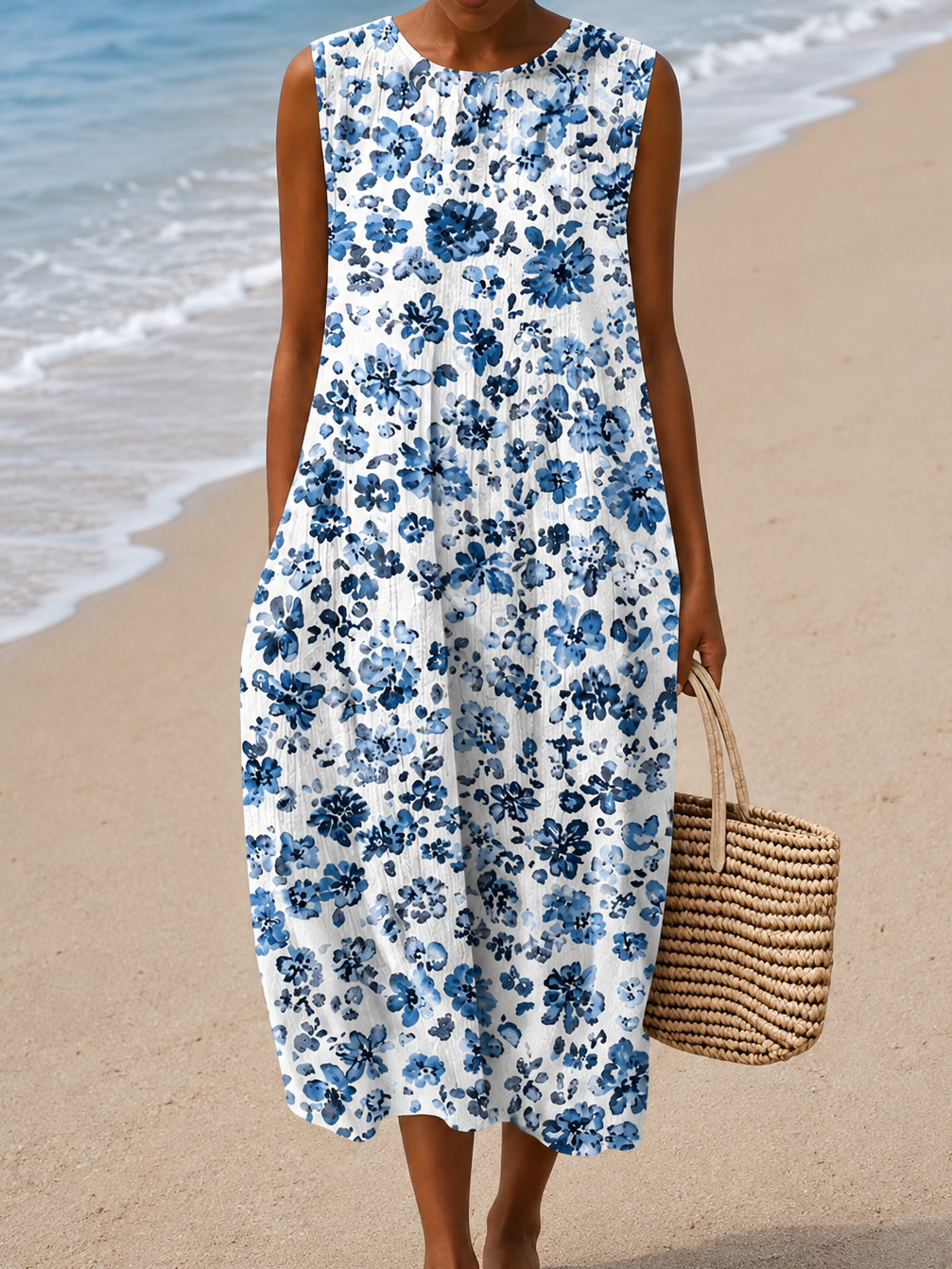 Round Neck Sleeveless Ditsy Floral Print Pocket Shift Midi Dress