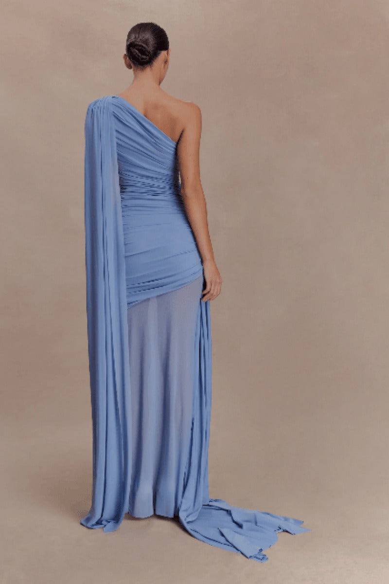Elegant Mesh Paneled One Shoulder Cape Fitted Party Dress