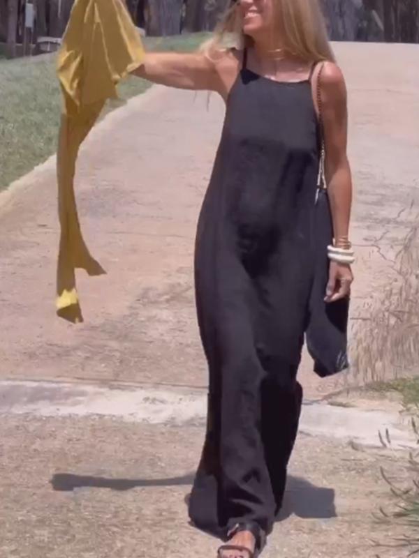 Spaghetti Strap Square Neck Linen Loose Maxi Dress