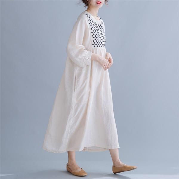 long sleeve cotton linen vintage print plus size women casual loose spring autumn dress