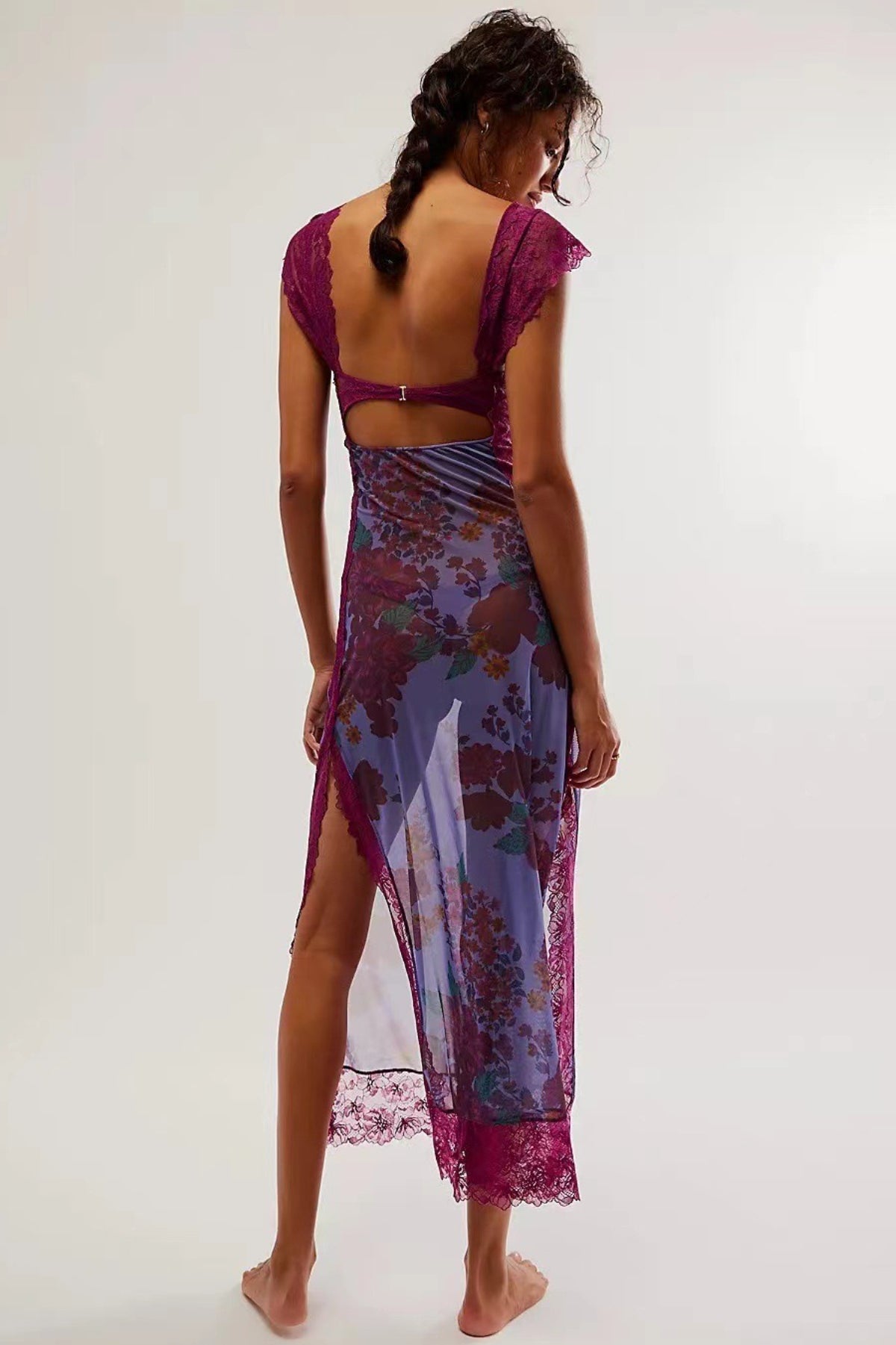 Sweetheart Lace Cap Sleeve Triangle Cutout Floral Print Bodycon Midi Dress 6