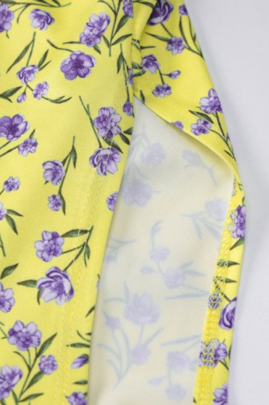 Yellow Halter Neck Backless Ditsy Floral Print High Slit Midi Dress 8