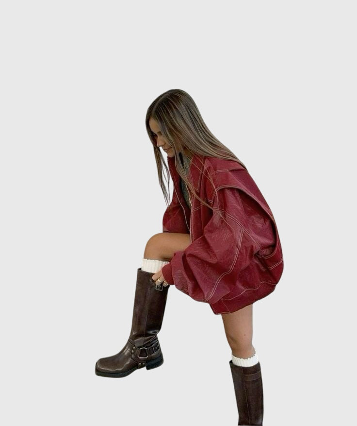 Red Spread Collar Contrast Stitch Oversized Leather Jacket