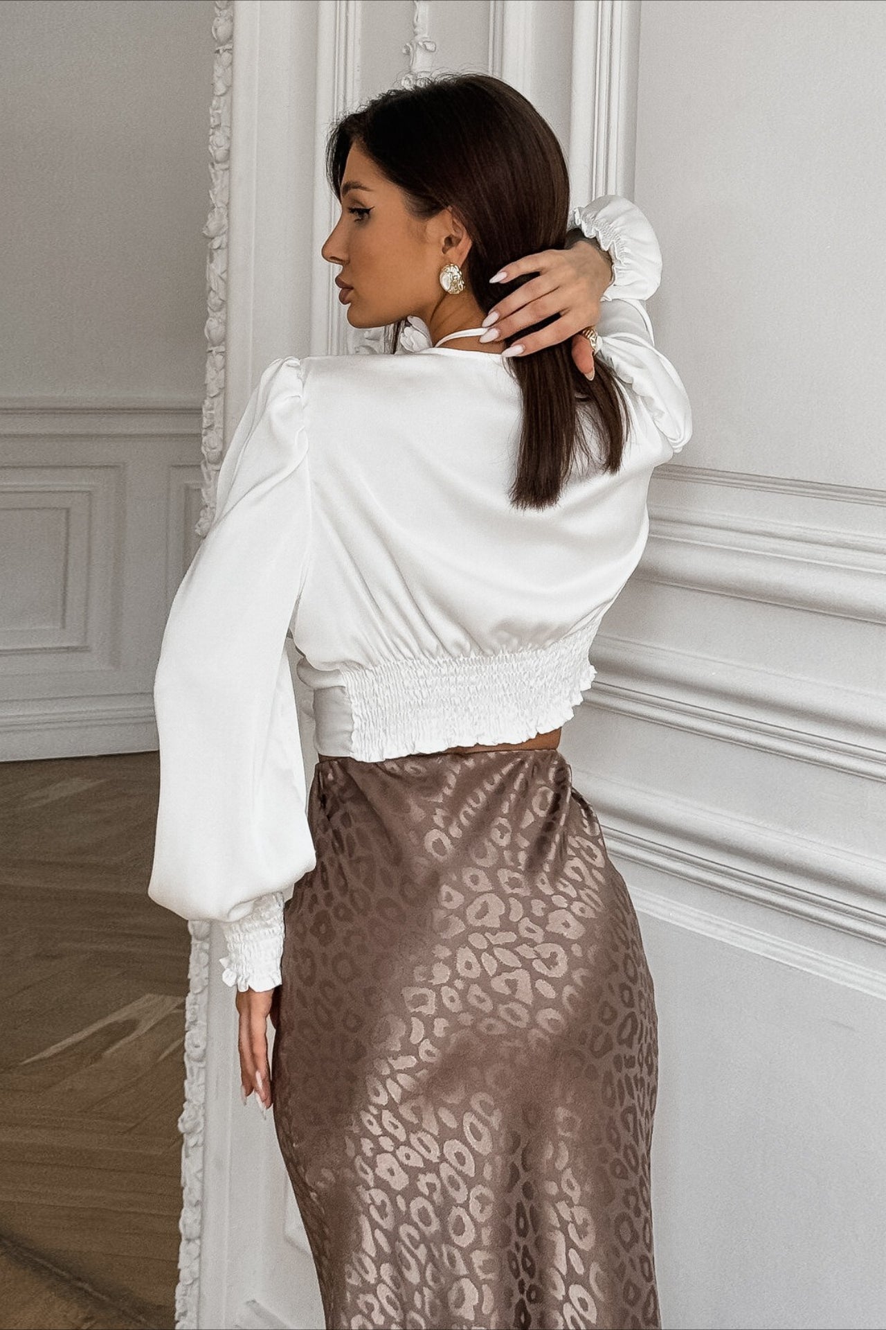 Glossy Satin Cropped V-Neck Blouse