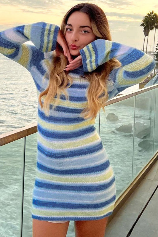 Striped Knit Backless BellSleeve Sweater Dress