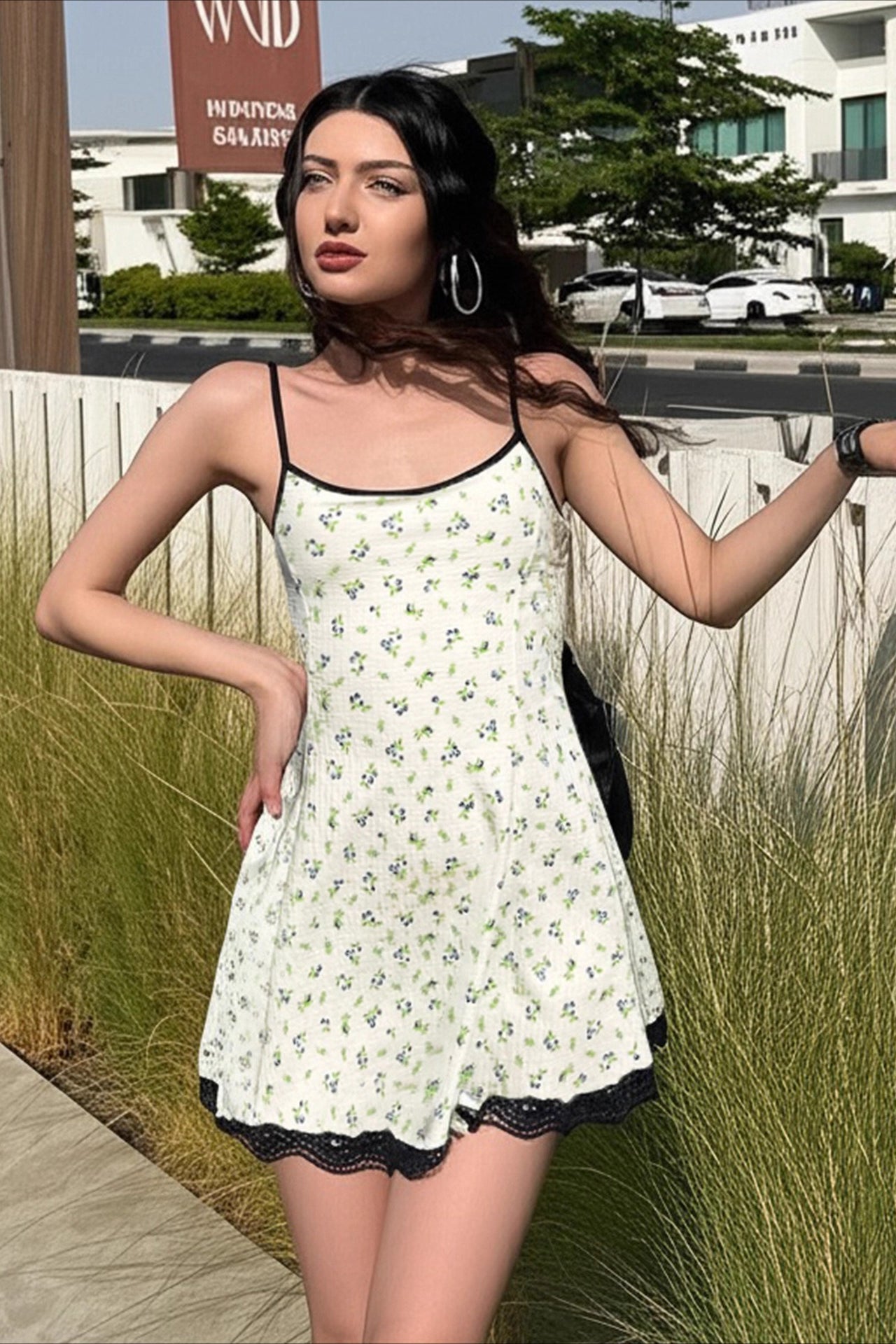 Floral Print Waist Cinch A Line Slip Dress