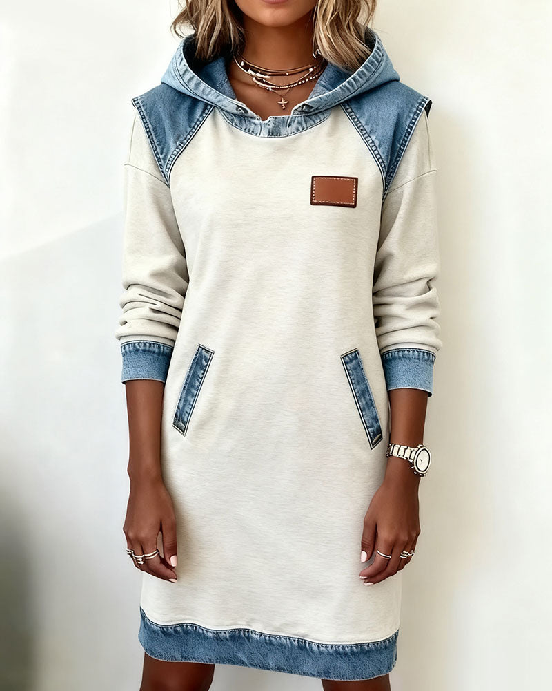 Hooded Long Sleeve Denim Contrast Panel Pocket Sweatshirt Mini Dress