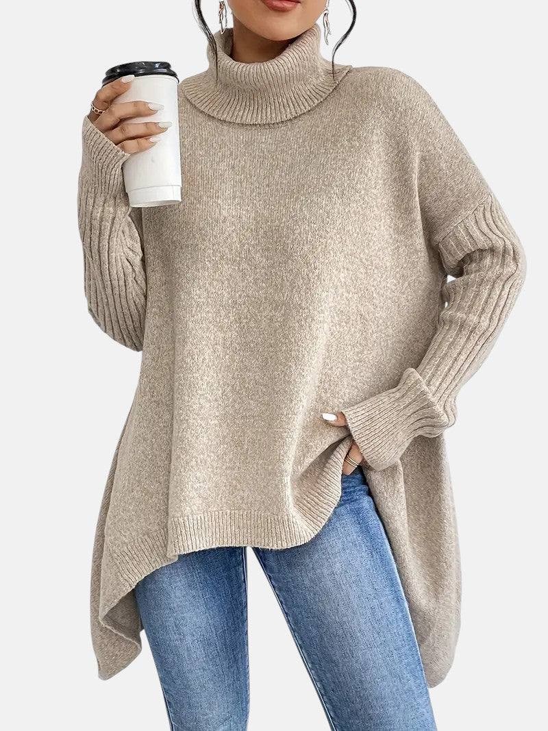 Turtleneck Ribbed Long Sleeve Oversized Longline Knit Sweater