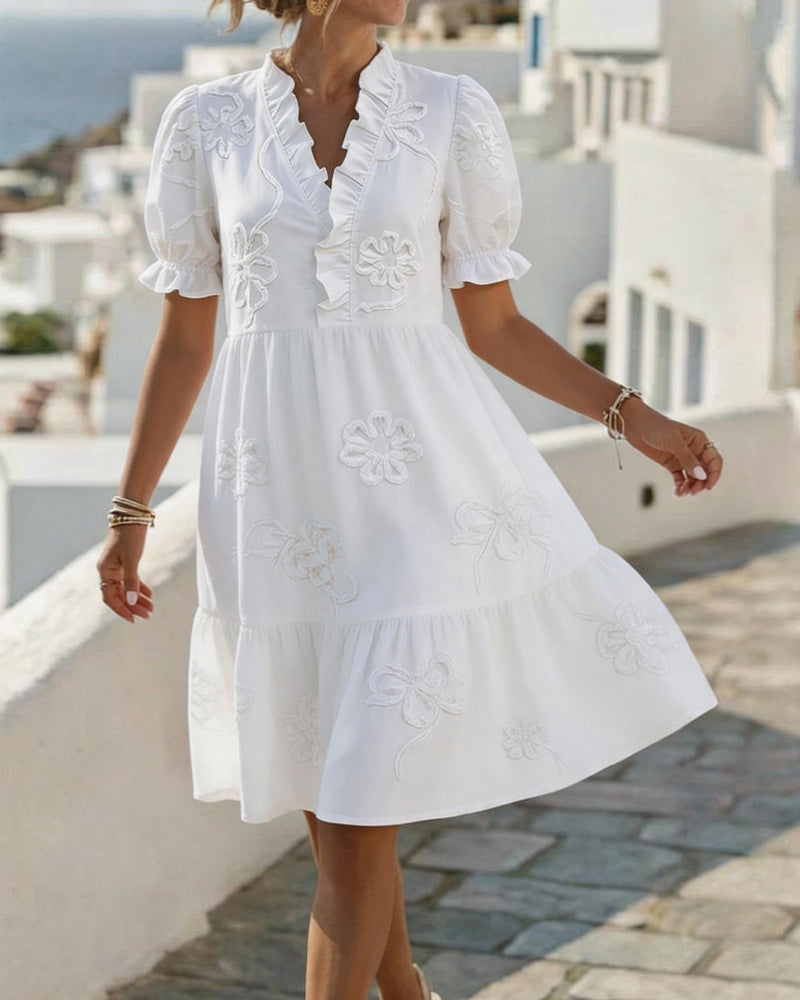 Ruffle V-Neck Floral Embroidered Puff Sleeve Tiered Mini Dress