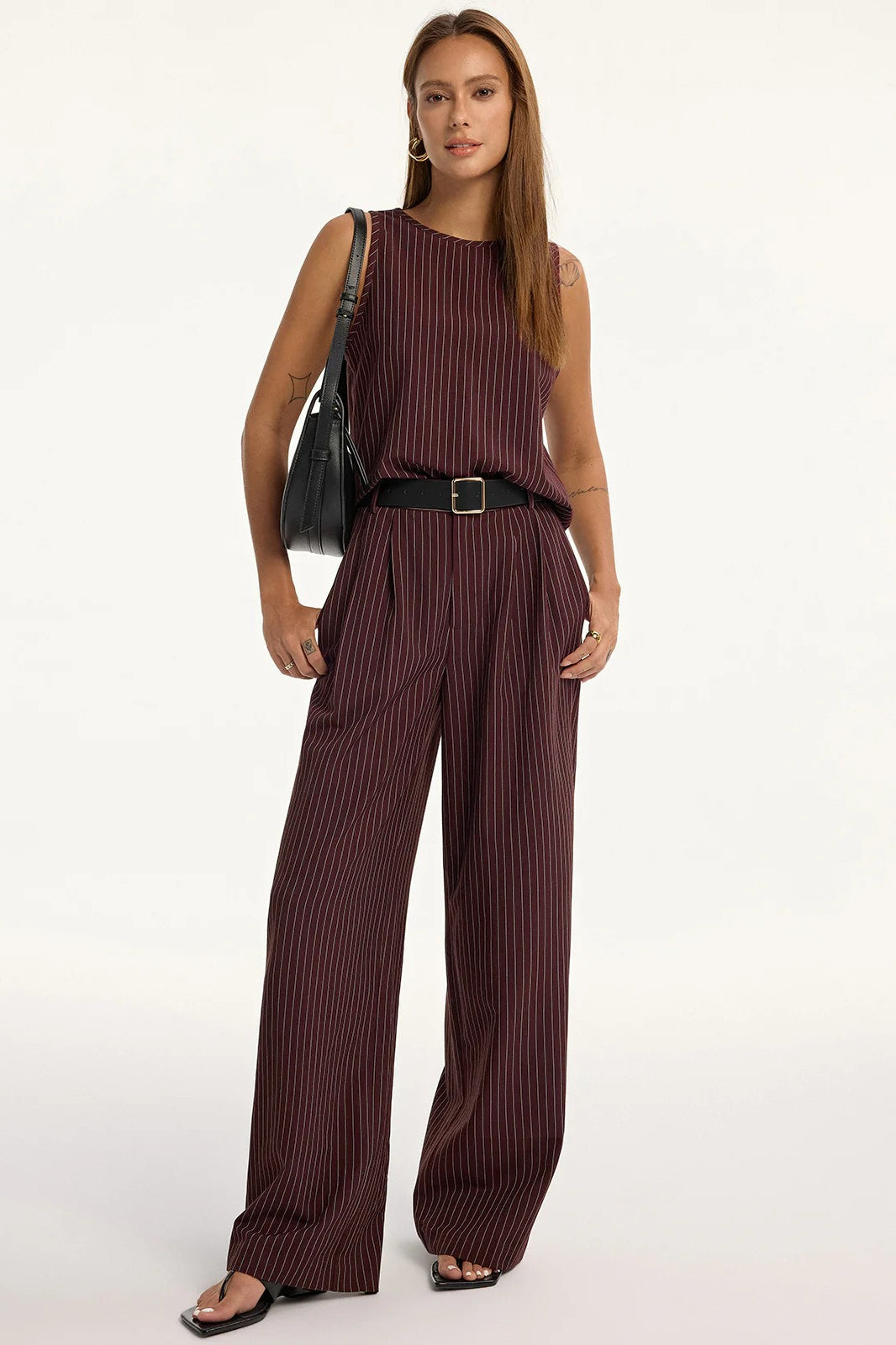 Stripe Crew Sleeveless High Waist Wide Leg Work Set