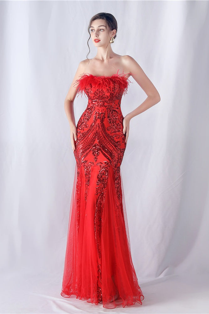 Ostrich Feather Sequin Evening Party Dress