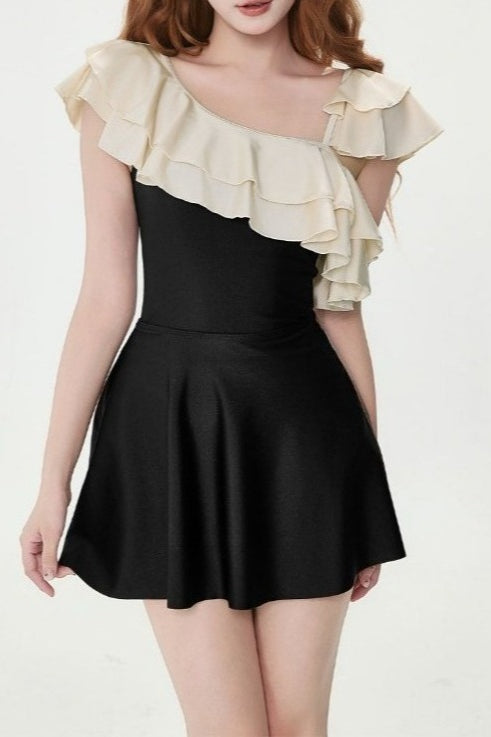Cute Ruffled Spliced Color Block One Piece Swimwear