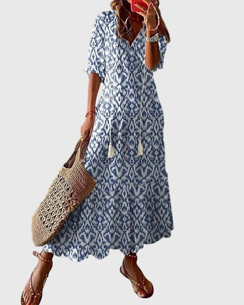 V-Neck Tassel Drawstring Short Sleeve Ikat Print Tiered Maxi Dress