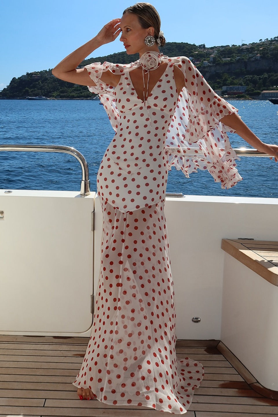 White Polka Dot V-Neck Sheer Maxi Dress