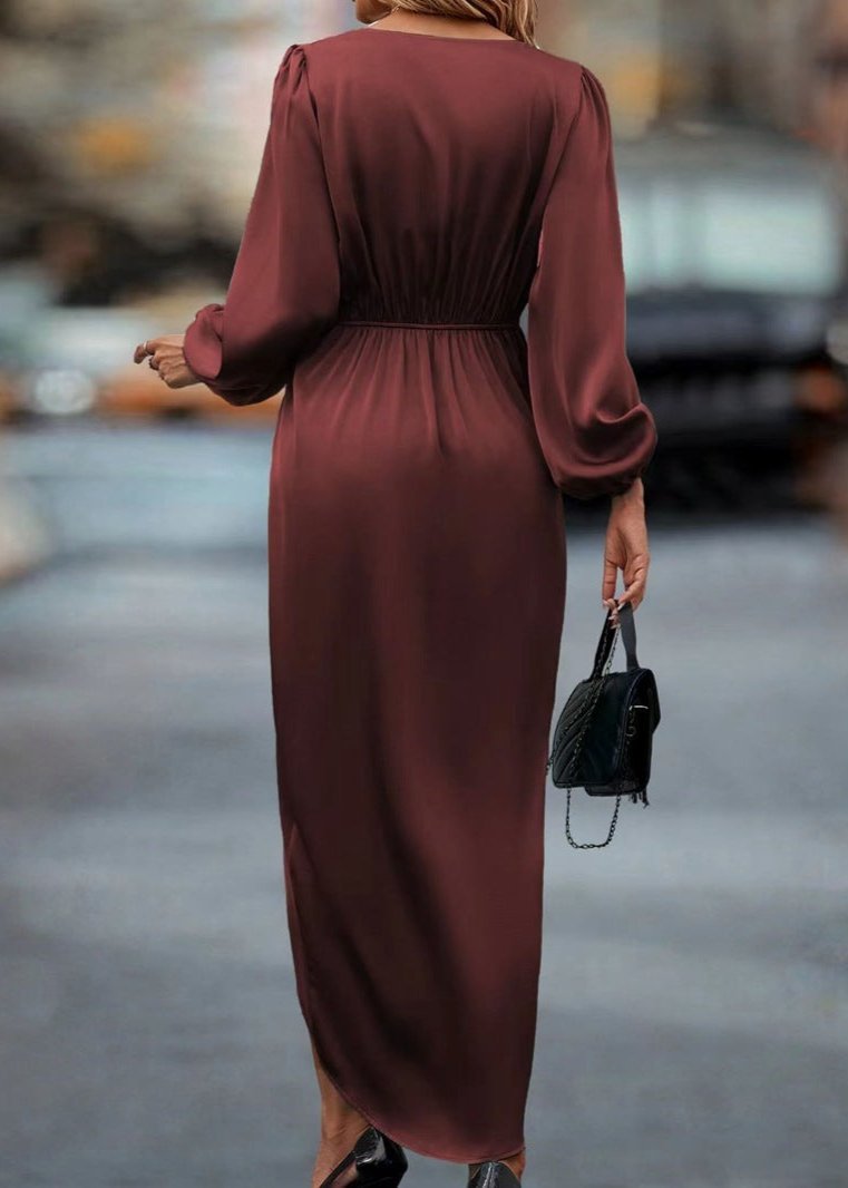 Elegant Red Draped V Neck Midi Dress