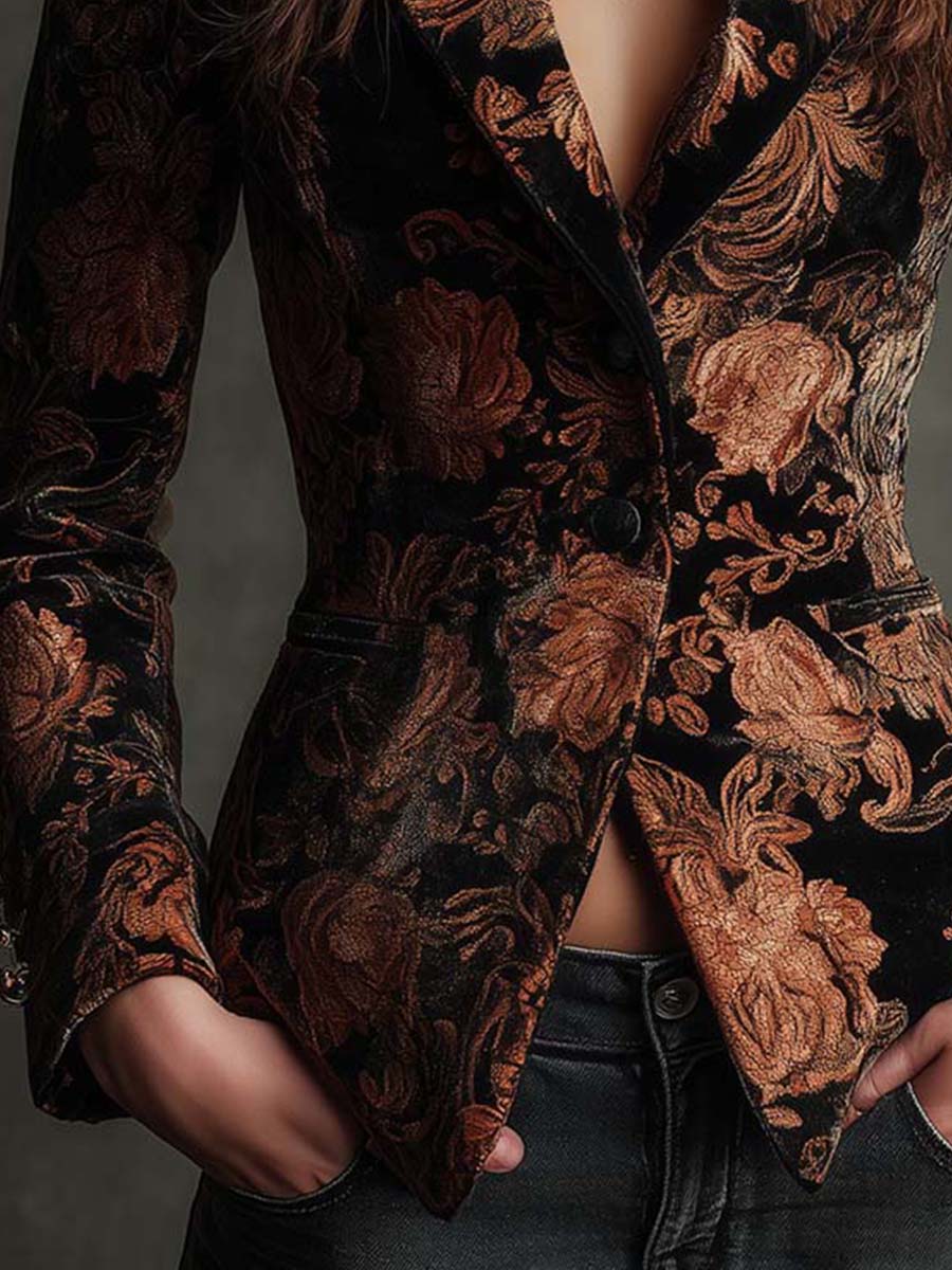 Black Peak Lapel Baroque Floral Velvet Puff Shoulder Blazer 5