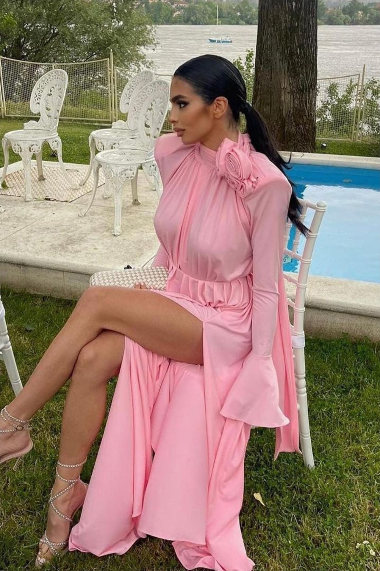 Elegant Retro Cutout Deep V Halter Ruched 3D Floral Party Dress