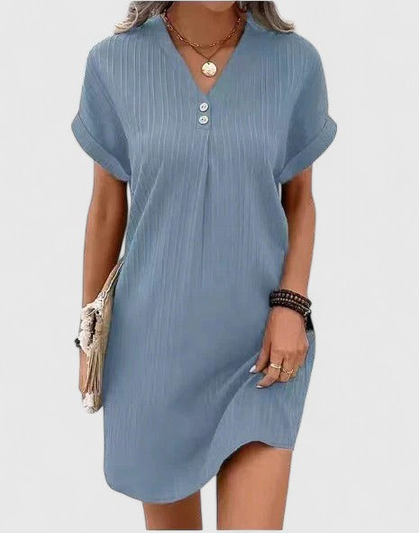 Notch V-Neck Button Textured Short Sleeve Shift Mini Dress