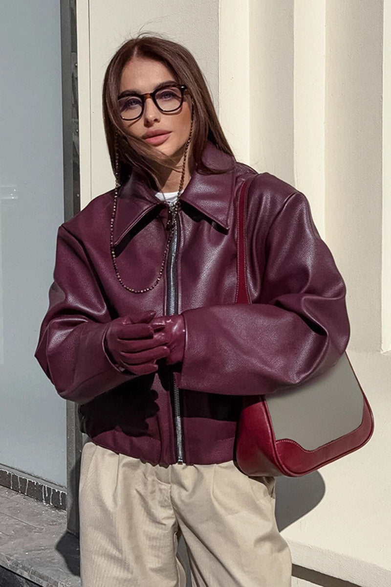 Vintage Wine Red Leather Biker Jacket