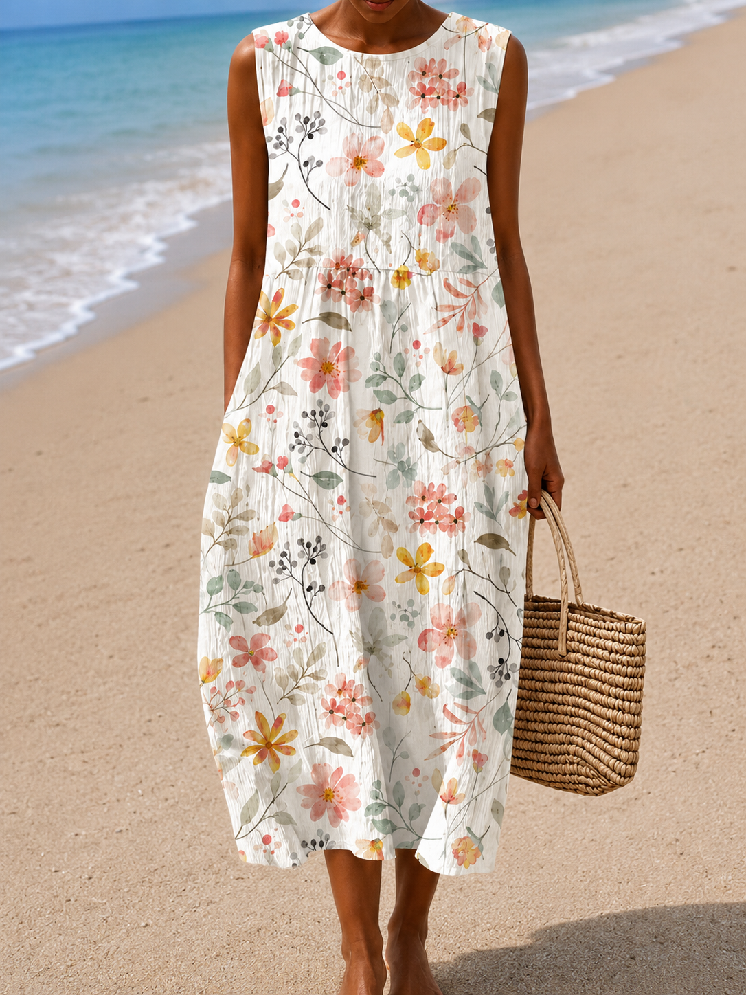 Round Neck Sleeveless Watercolor Floral Textured Pocket A-Line Midi Dress