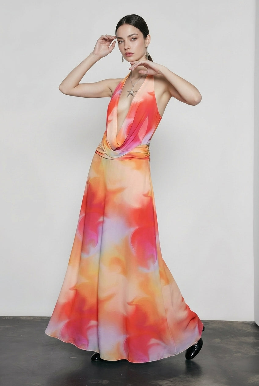 Printed Halter Cowl Neck Bodycon Vacation Dress