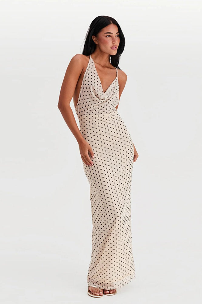 White Polka Dot Halter Neck Sleeveless Maxi Dress 4