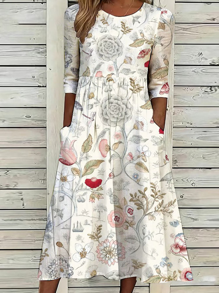 Round Neck Floral Print Three-Quarter Sleeve Pocket A-Line Midi Dress 3