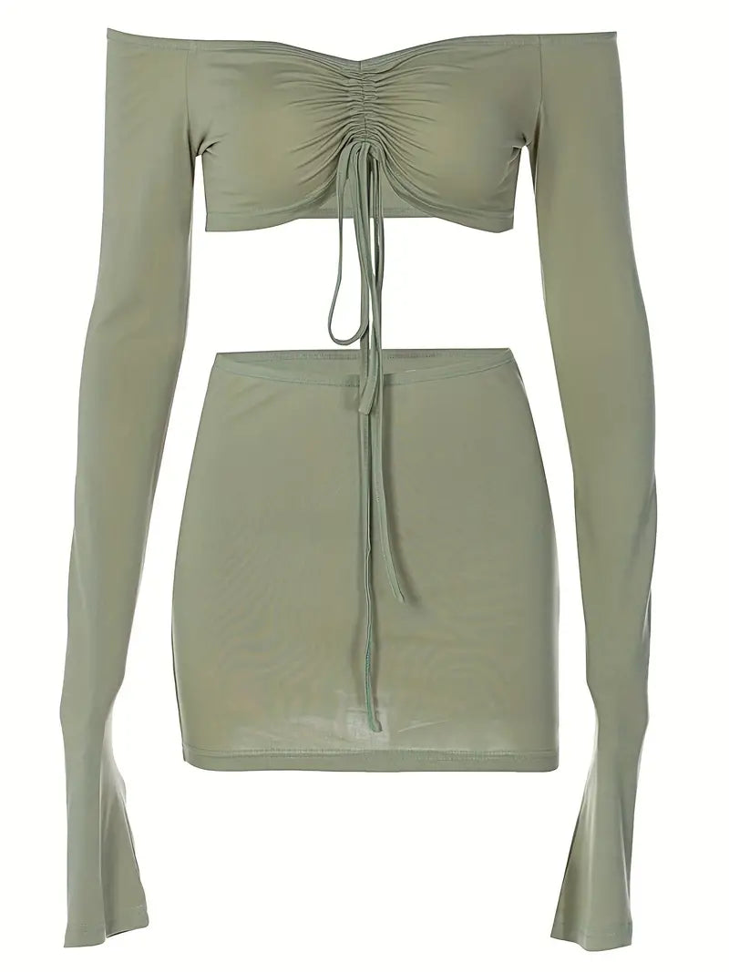 Crop Top And Bodycon Skirt Set With Drawstring Ruched Detail S / Green Outfits