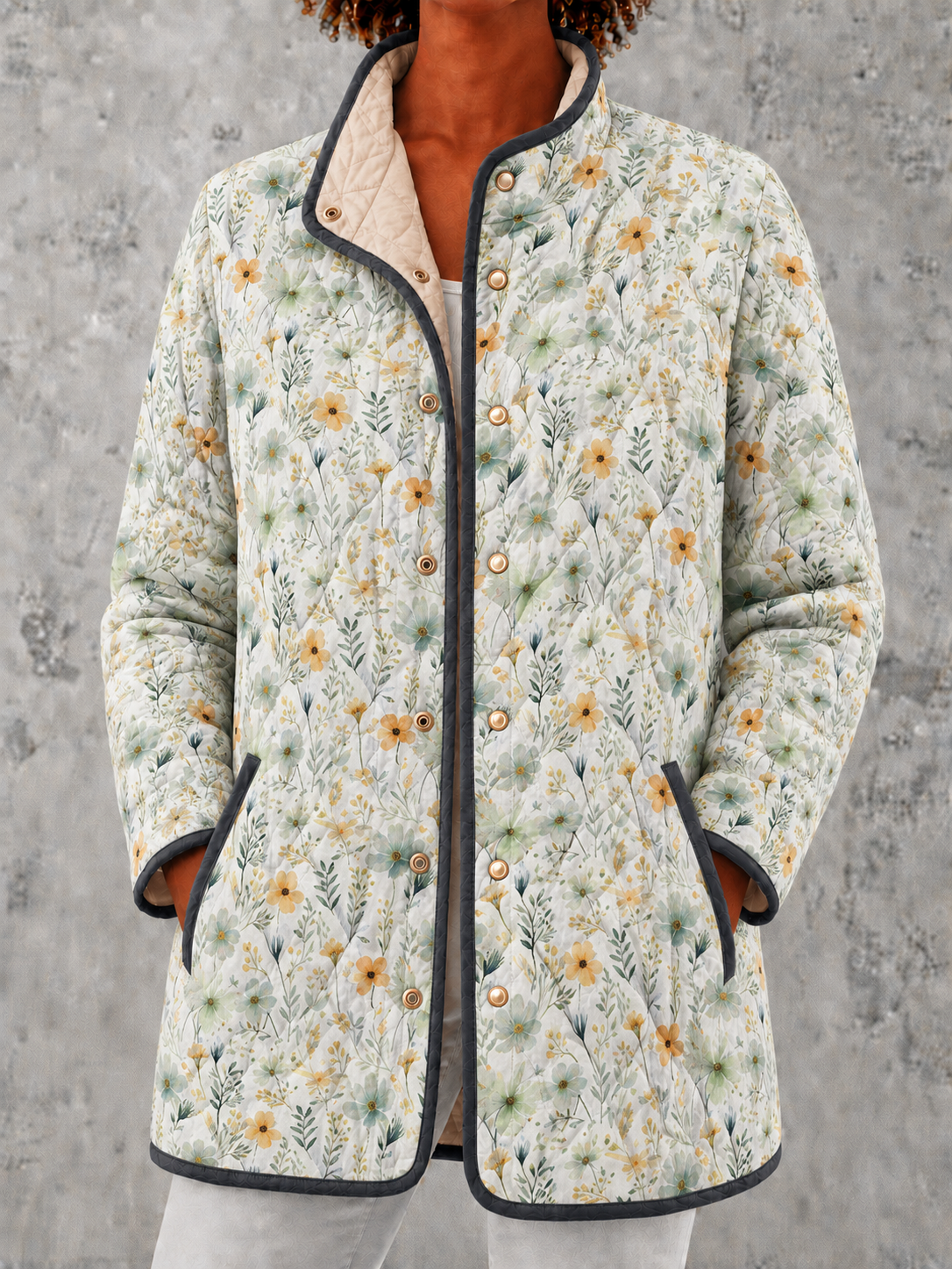 Multicolor Stand Collar Floral Print Quilted Snap-Button Jacket