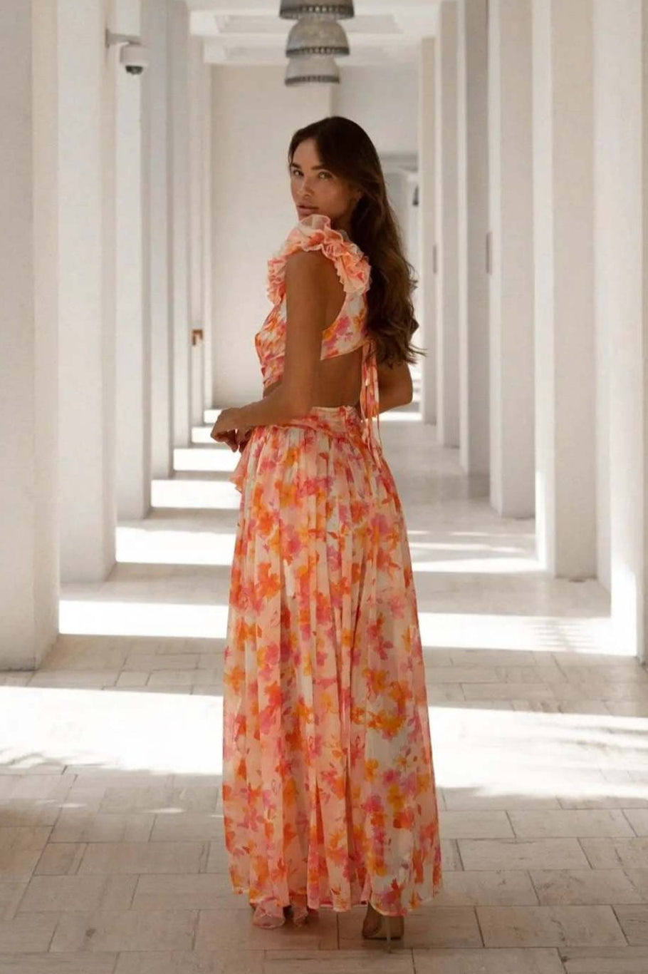 One Shoulder Ruffle Strap Cutout Tiered Blossom Print Maxi Dress 8
