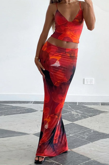 Printed V Neck Bodycon Skirt Set