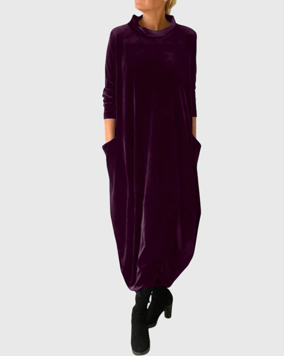Mock Neck Velvet Long Sleeve Pocket Cocoon Midi Dress 5