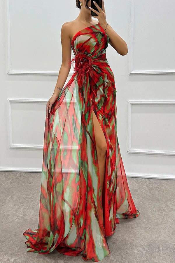 One-Shoulder Feather Trim Printed Ruched High Slit Maxi Gown
