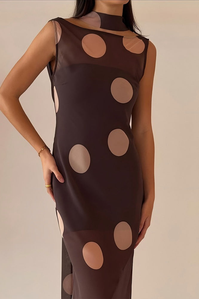 Brown Polka Dot Sleeveless Bodycon Maxi Dress 2