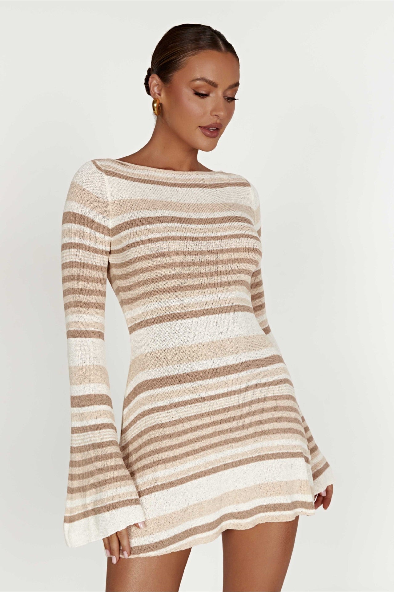 Striped ColorBlock Knit BellSleeve Backless Sweater Dress