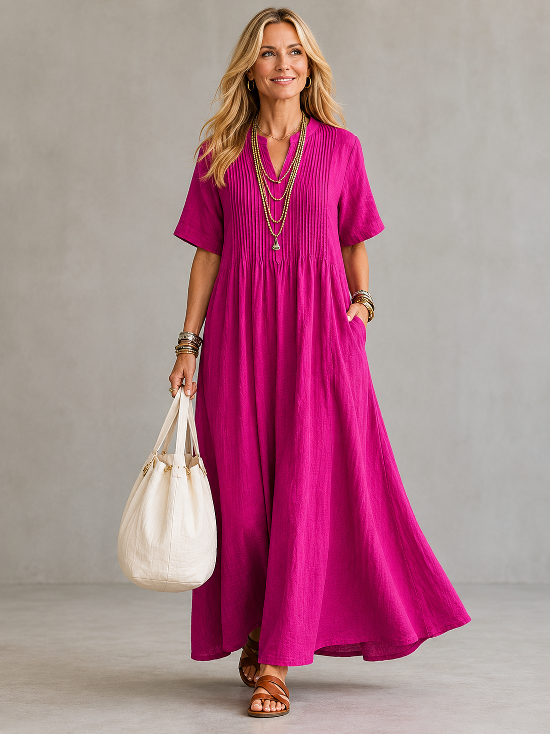 Split Neck Pintuck Pleated Short Sleeve Linen A-Line Maxi Dress
